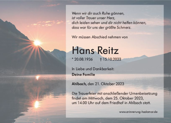 Traueranzeige von Hans Reitz von Nassauische Neue Presse