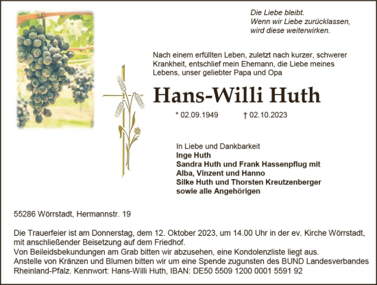 Traueranzeige von Hans-Willi Huth von Allgemeine Zeitung Alzey