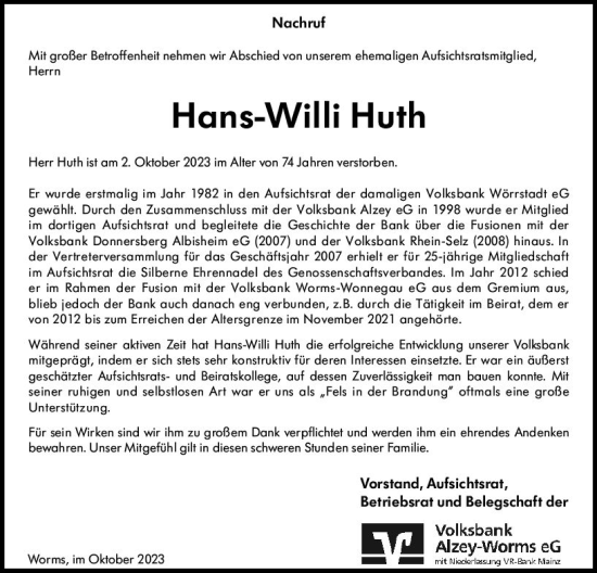 Traueranzeige von Hans-Willi Huth von Allgemeine Zeitung Alzey