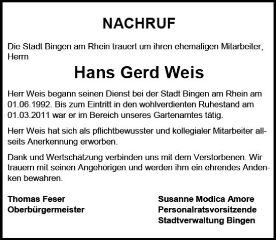 Traueranzeige von Hans Gerd Weis von Allgemeine Zeitung Bingen/Ingelheim