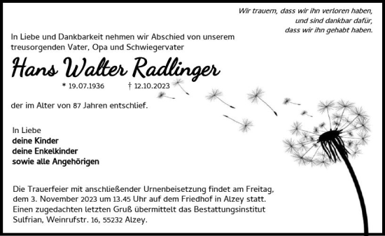 Traueranzeige von Hans Walter Radlinger von Allgemeine Zeitung Alzey