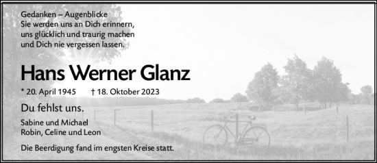 Traueranzeige von Hans Werner Glanz von Allgemeine Zeitung Mainz