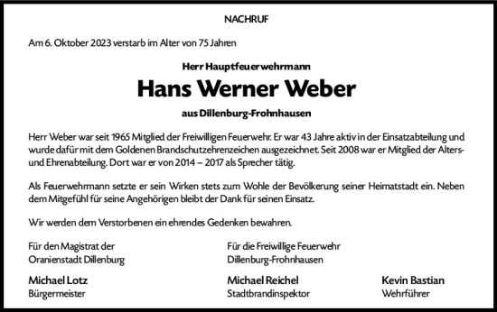 Traueranzeige von Hans Werner Weber von Dill Block