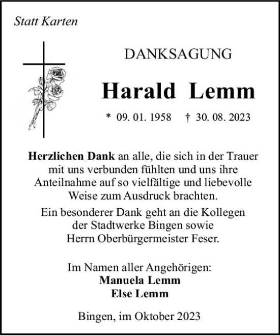 Traueranzeige von Harald Lemm von Bingen/Ingelheim WOBL inkl. Neue Binger Ztg.