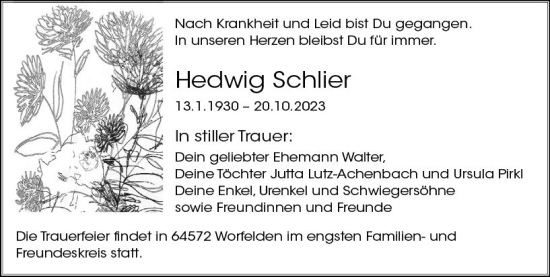 Traueranzeige von Hedwig Schlier von Groß-Gerauer Echo
