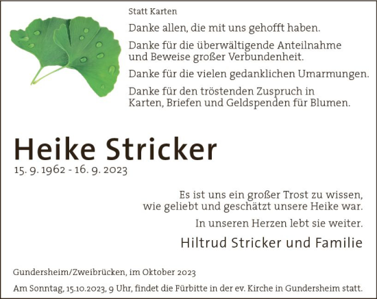 Traueranzeige von Heike Stricker von Allgemeine Zeitung Alzey
