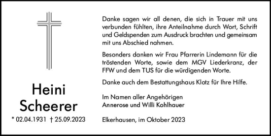 Traueranzeige von Heini Scheerer von Weilburger Tageblatt