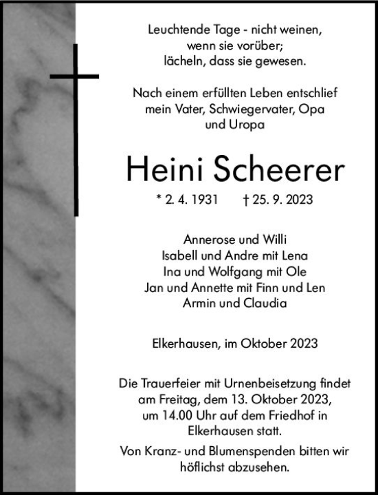 Traueranzeige von Heini Scheerer von Weilburger Tageblatt