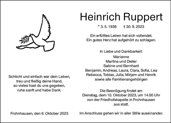 Traueranzeige von Heinrich Ruppert von Hinterländer Anzeiger