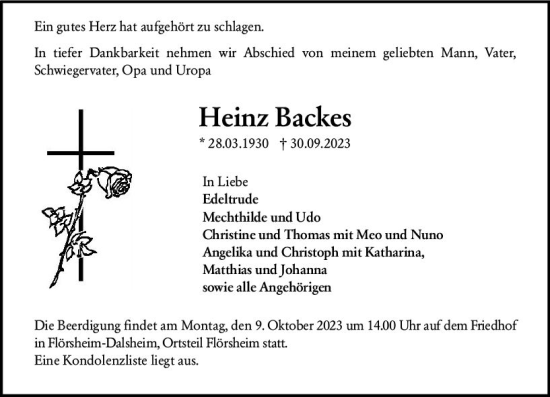 Traueranzeige von Heinz Backes von Wormser Zeitung