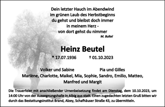 Traueranzeige von Heinz Beutel von Allgemeine Zeitung Alzey