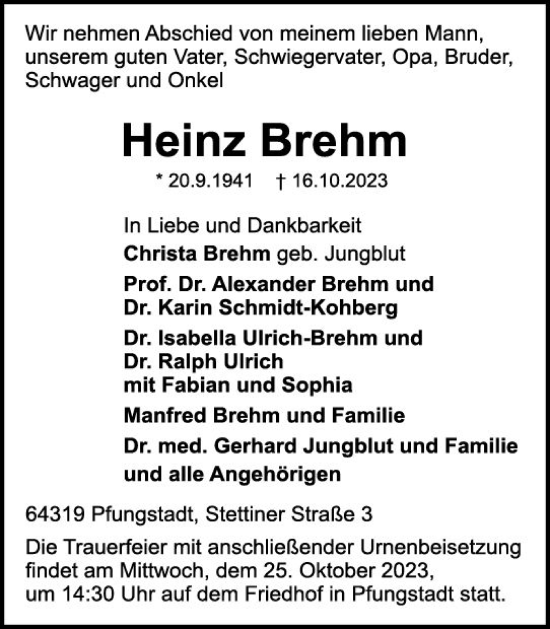 Traueranzeige von Heinz Brehm von Darmstädter Echo