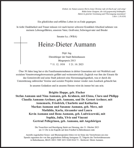 Traueranzeige von Heinz-Dieter Aumann von Darmstädter Echo