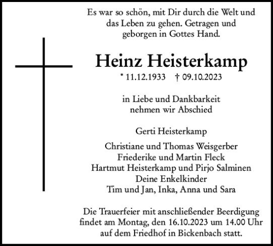 Traueranzeige von Heinz Heisterkamp von Darmstädter Echo