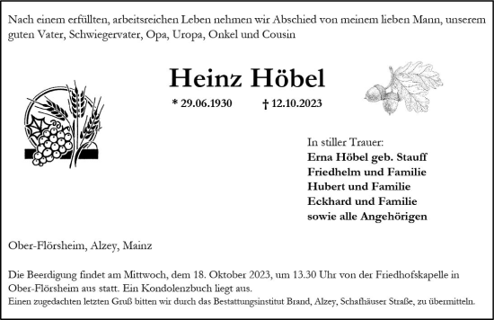 Traueranzeige von Heinz Höbel von Allgemeine Zeitung Alzey