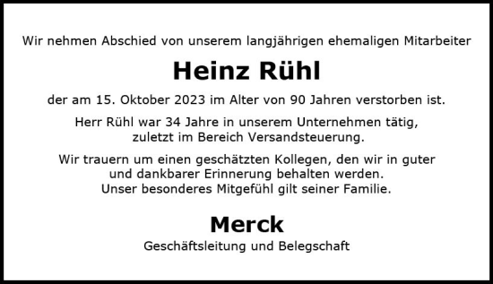 Traueranzeige von Heinz Rühl von Darmstädter Echo