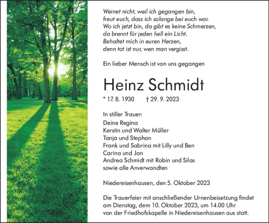 Traueranzeige von Heinz Schmidt von Hinterländer Anzeiger
