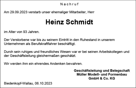 Traueranzeige von Heinz Schmidt von Hinterländer Anzeiger