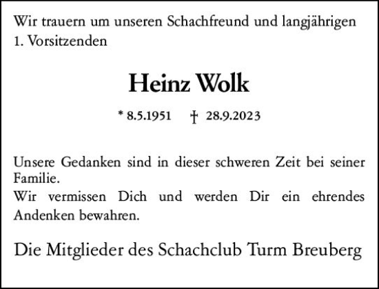 Traueranzeige von Heinz Wolk von Odenwälder Echo