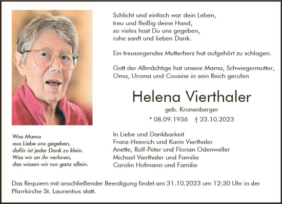 Traueranzeige von Helena Vierthaler von Allgemeine Zeitung Mainz