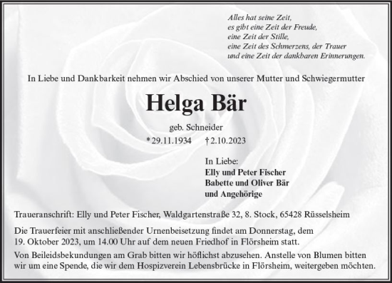 Traueranzeige von Helga Bär von Rüsselsheimer Echo