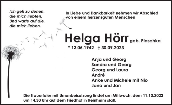 Traueranzeige von Helga Hörr von Darmstädter Echo