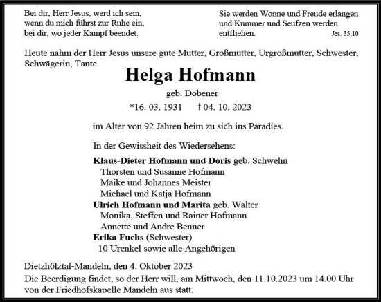 Traueranzeige von Helga Hofmann von Dill Block
