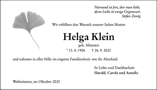 Traueranzeige von Helga Klein von Weilburger Tageblatt