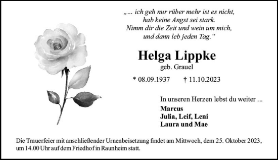 Traueranzeige von Helga Lippke von Rüsselsheimer Echo