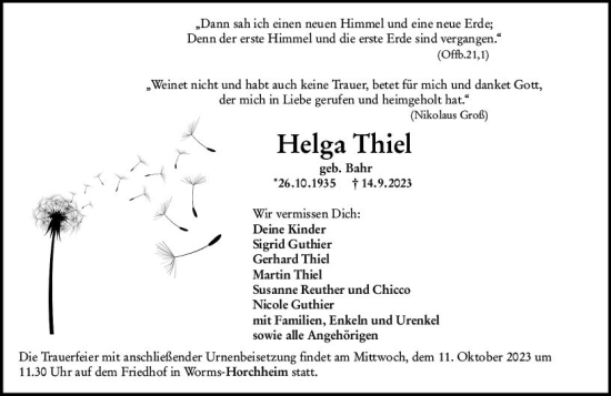 Traueranzeige von Helga Thiel von Wormser Zeitung