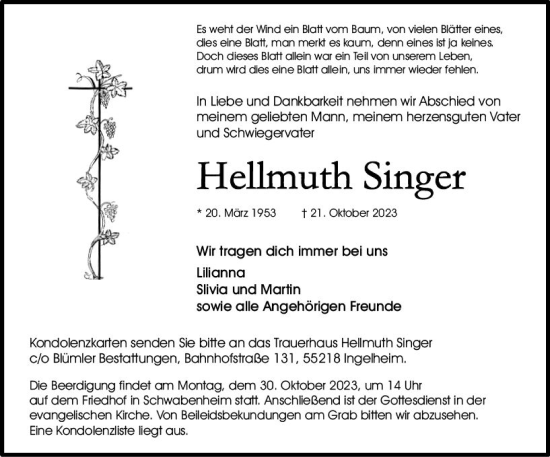 Traueranzeige von Hellmuth Singer von Allgemeine Zeitung Bingen/Ingelheim