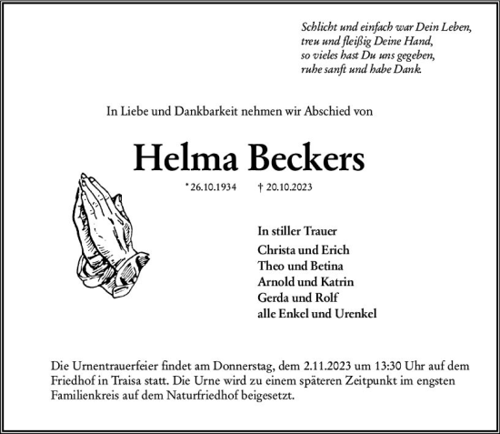Traueranzeige von Helma Beckers von Darmstädter Echo