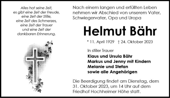 Traueranzeige von Helmut Bähr von Wormser Zeitung