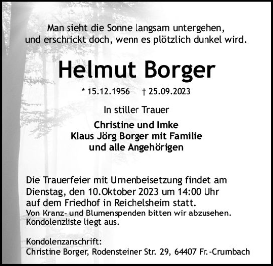 Traueranzeige von Helmut Borger von Odenwälder Echo