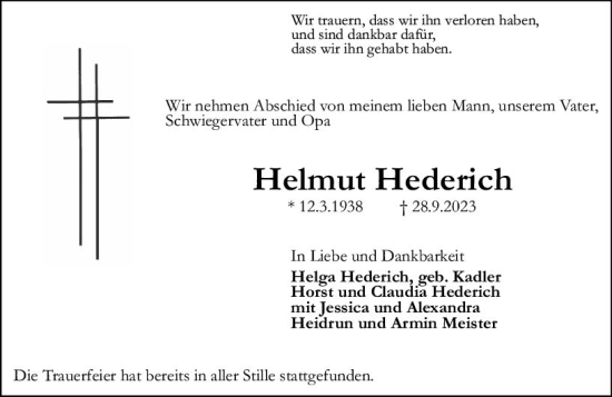 Traueranzeige von Helmut Hederich von Rüsselsheimer Echo