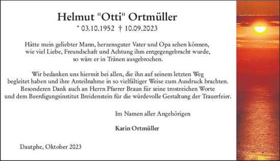Traueranzeige von Helmut Ortmüller von Hinterländer Anzeiger
