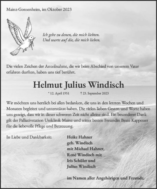 Traueranzeige von Helmut Julius Windisch von Allgemeine Zeitung Mainz