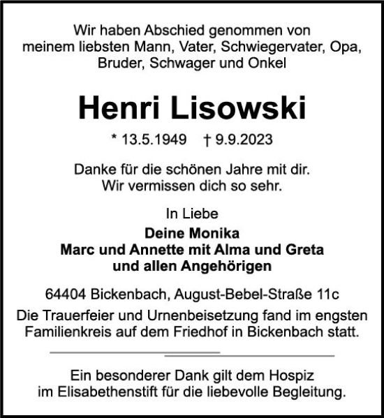 Traueranzeige von Henri Lisowski von Darmstädter Echo