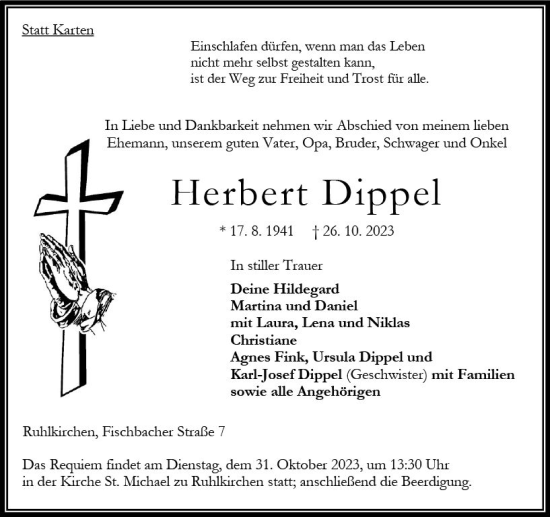 Traueranzeige von Herbert Dippel von VRM Trauer