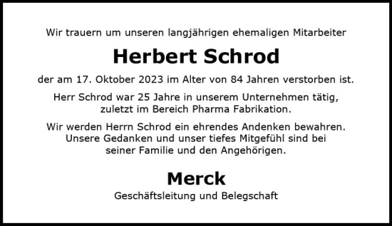 Traueranzeige von Herbert Schrod von Darmstädter Echo