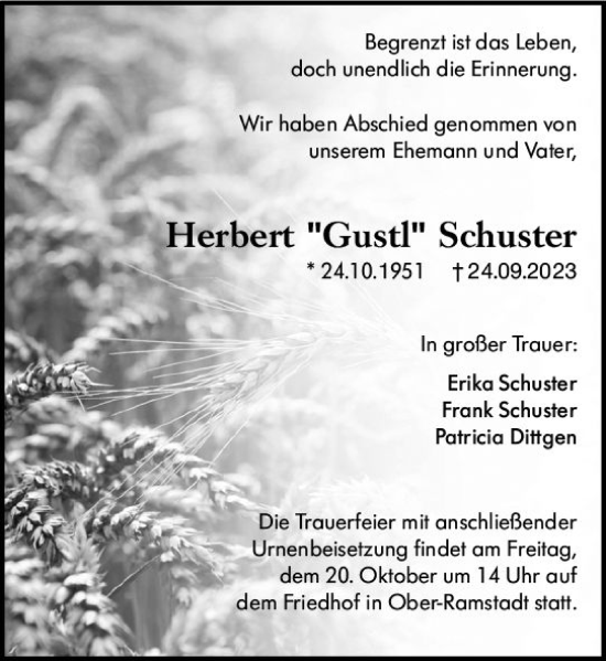 Traueranzeige von Herbert  Schuster von Darmstädter Echo