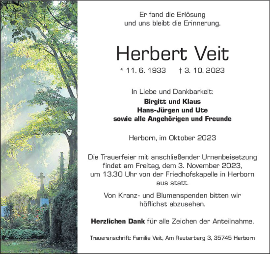 Traueranzeige von Herbert Veit von Dill Block