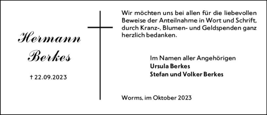 Traueranzeige von Hermann Berkes von Wormser Zeitung