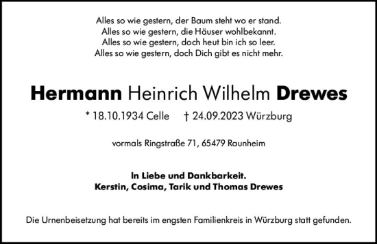 Traueranzeige von Hermann Heinrich Wilhelm Drewes von Rüsselsheimer Echo