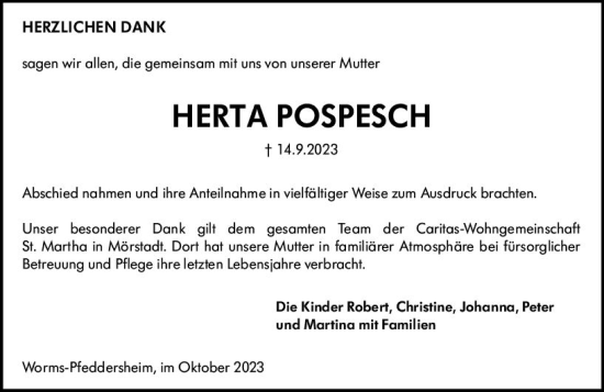Traueranzeige von Herta Pospesch von Wormser Zeitung