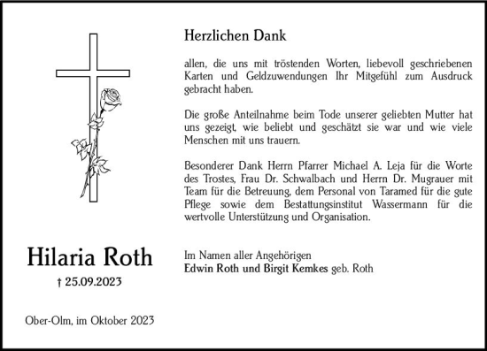 Traueranzeige von Hilaria Roth von Allgemeine Zeitung Mainz