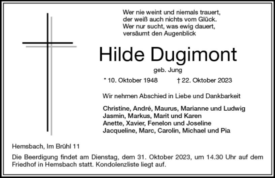 Traueranzeige von Hilde Dugimont von Starkenburger Echo