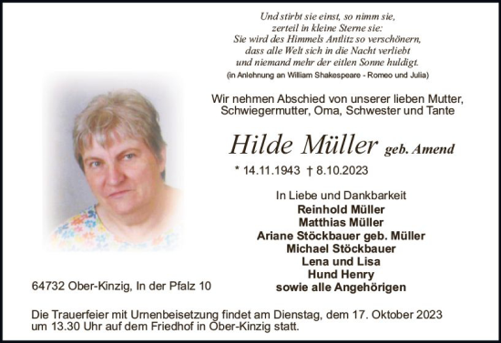 Traueranzeige von Hilde Müller von Odenwälder Echo
