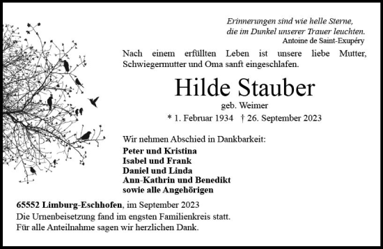 Traueranzeige von Hilde Stauber von Nassauische Neue Presse
