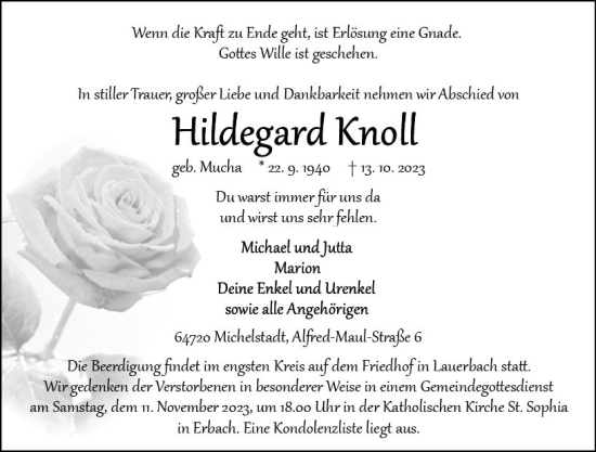 Traueranzeige von Hildegard Knoll von Odenwälder Echo